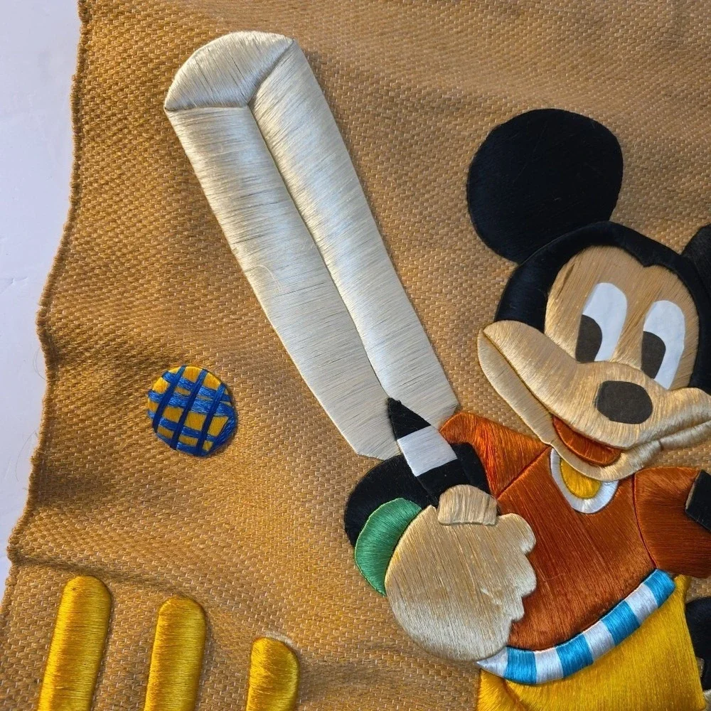 MICKEY MOUSE Woven Burlap Vintage Wall Hanging Tapestry Embroidery Plays Cricket